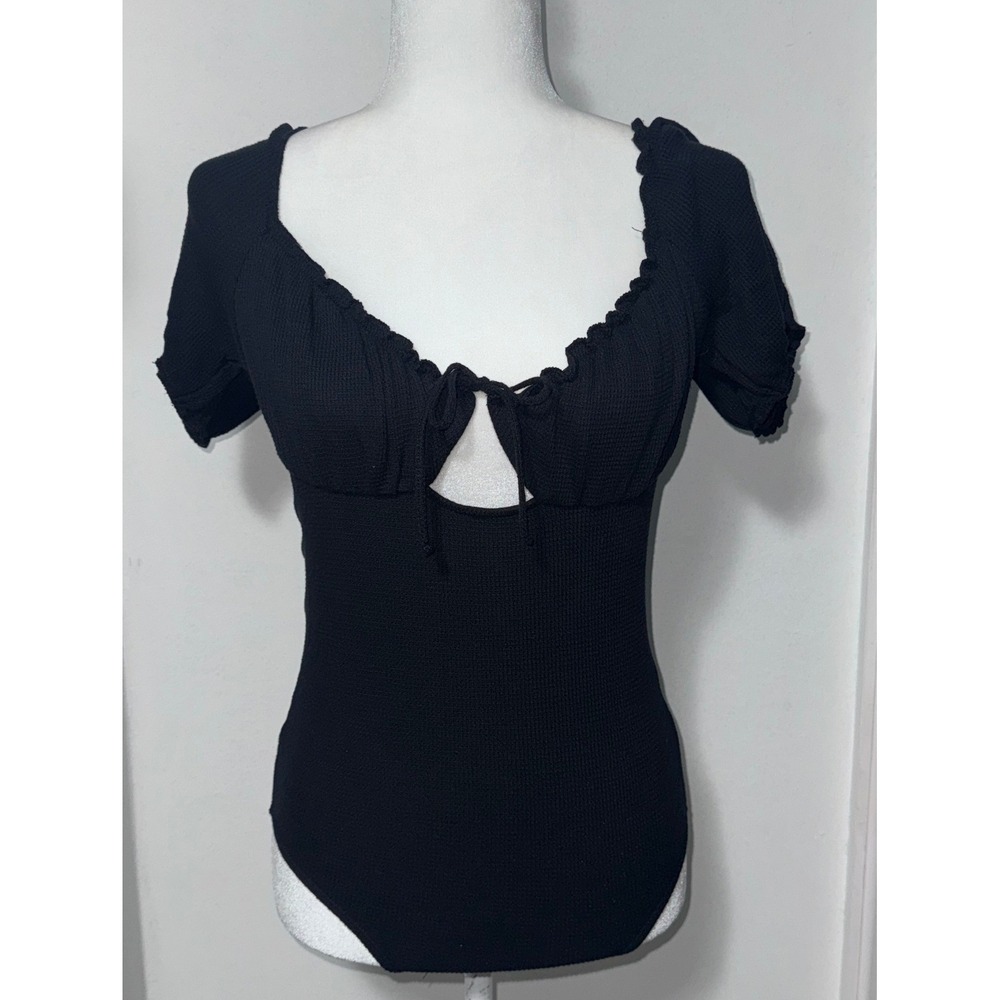 Top Shop Womens Small Bodysuit Milkmaid Basic Waffle Knit Keyhole Puff Sleeves